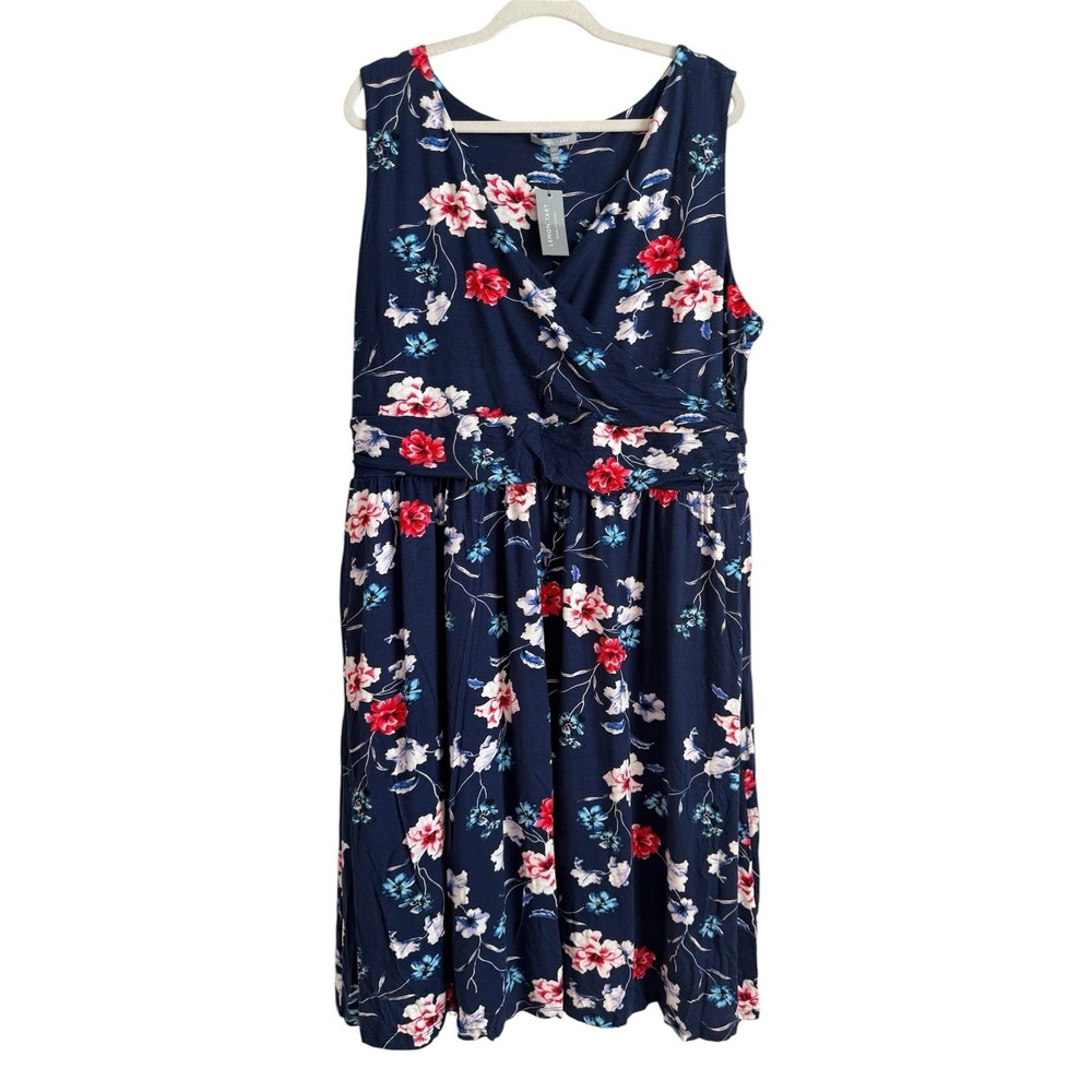Lemon Tart Celia Fit & Flare Women's 2X Navy Floral Sleeveless Dress Stretch NEW